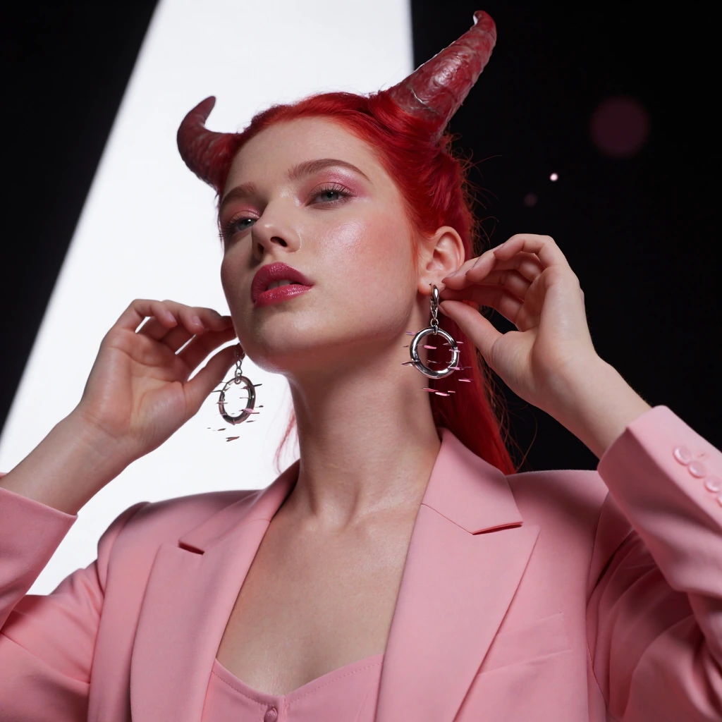 Hyper-fashion editorial portrait of a sharp-featured red horned woman mid-turn adjusting oversized chrome earrings, cold detached gaze, latex and stru