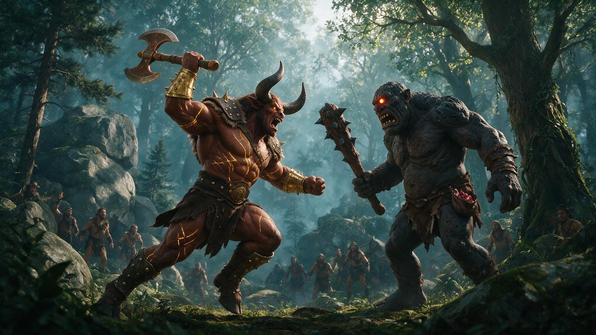 A fantastical scene of tension unfolds as a muscular, horned mythical creature with glowing golden markings runs aggressively towards a hulking Cannibal Cyclops. A semi-circle of primitive-clad observers stands amidst trees and rocks, capturing a mom