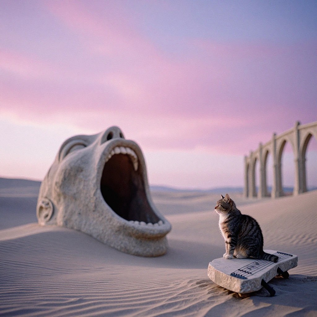 A surreal desert landscape where sand dunes are shaped like open mouths mid-song, soft pastel pink and lavender skies, a plump tabby cat sitting on a music staff made of stone, gothic arches melting into the horizon, dreamy and ethereal lighting