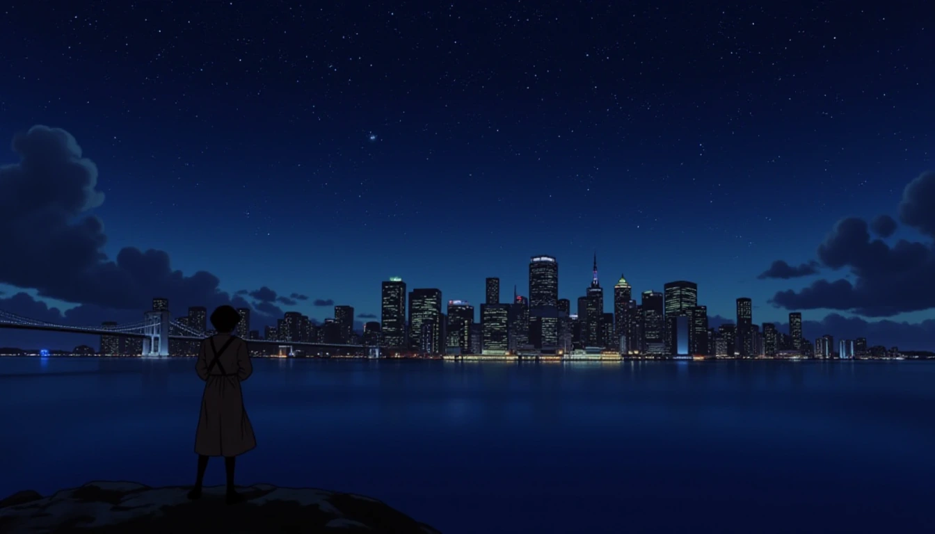 Looking at a large city at night in the distance underneath a star filled sky.