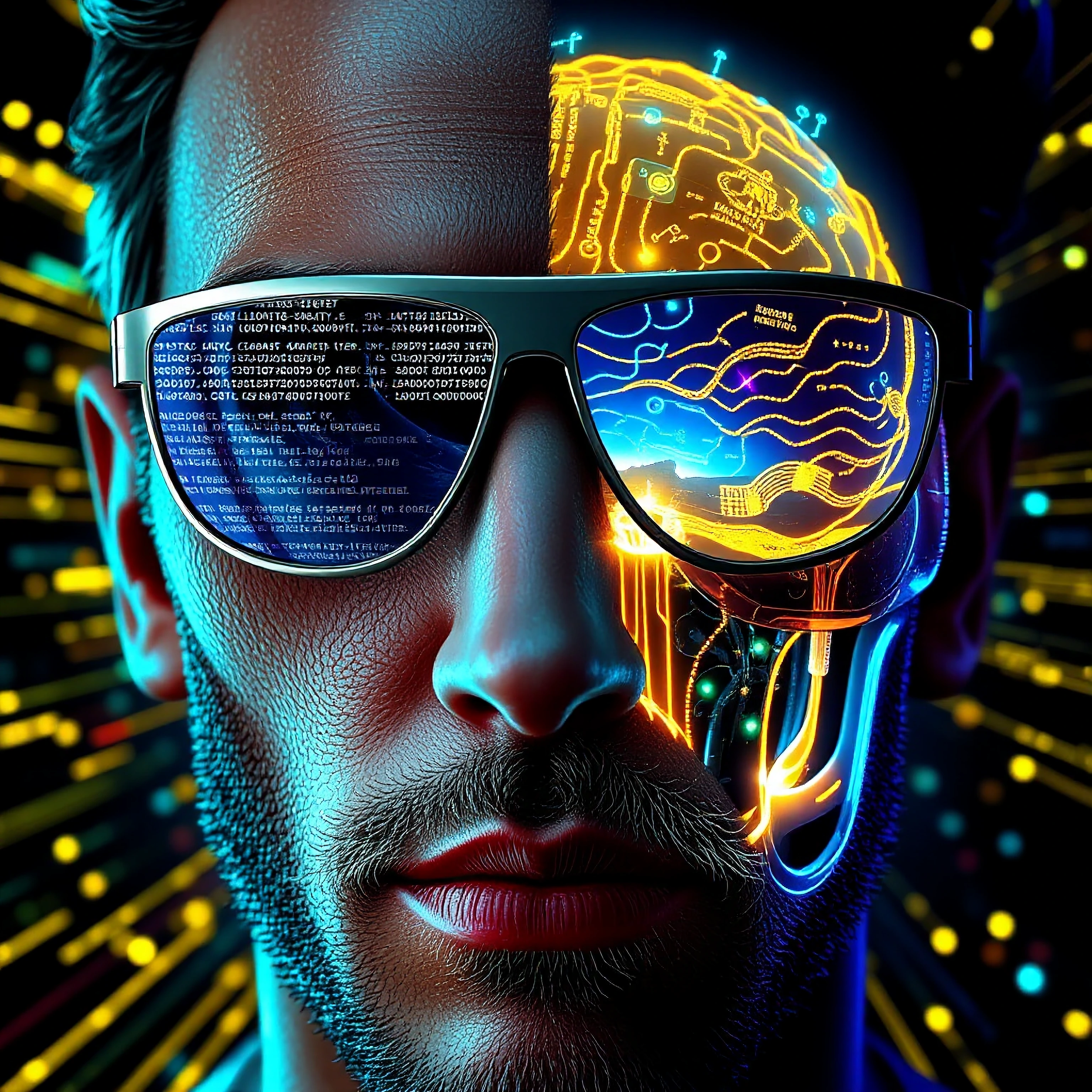 Extreme closeup portrait of a half-human half-robot hybrid figure, left side organic human flesh with stubble and pores, right side exposed brushed titanium plating and glowing cyan circuit veins, sleek mirrored aviator sunglasses reflecting cascadin