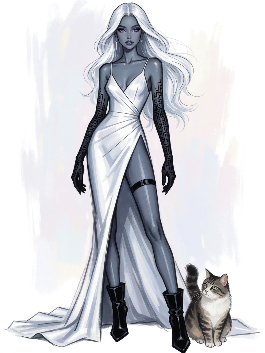 Fashion illustration. Woman gray blue skin with long white flowing hair. She wears a slinky white gown that has a huge slit up one side, reaching her