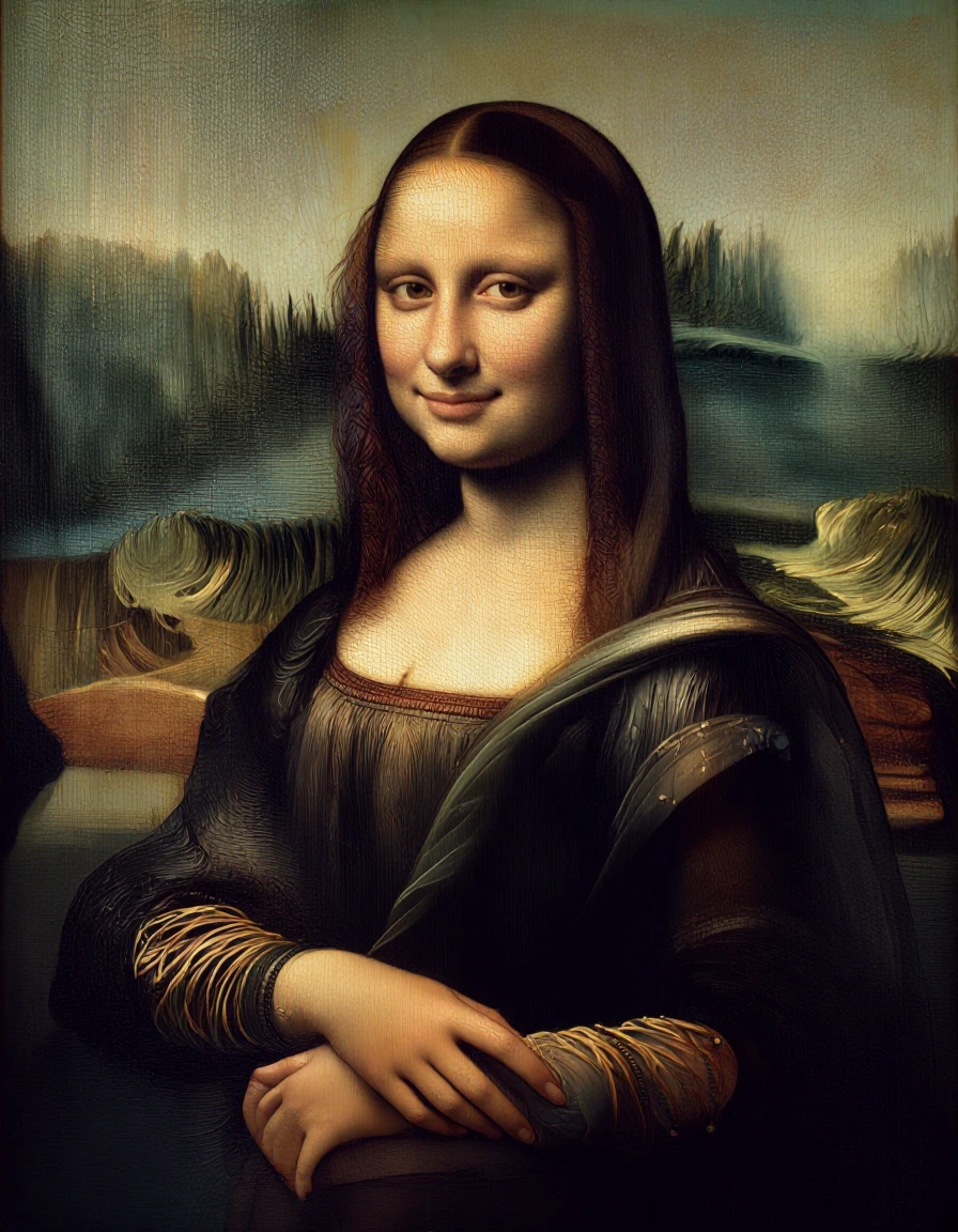 The image depicts a classic portrait featuring a woman with a serene expression, seated against a hazy landscape. The subject's attire consists of a dark dress with intricate details and subdued tones, complemented by a delicate shawl draped over her