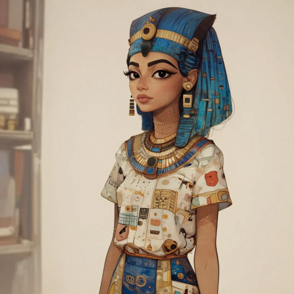 masterpiece, best quality, amazing quality,,, , nefertari vivi, black eyes, blue hair, ponytail, print shirt, short sleeves, pants