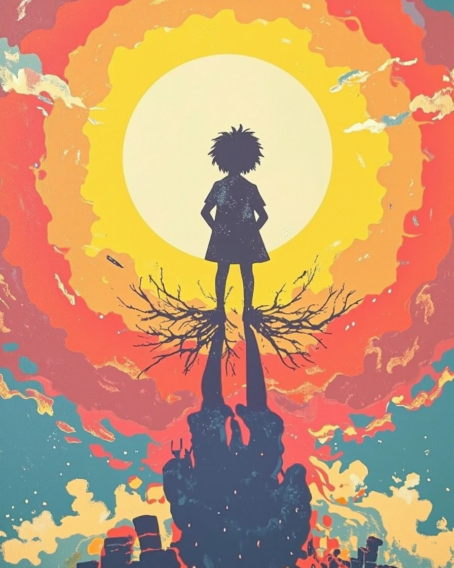 Your childhood shadow stretching into radiant force-lines across a melting vinyl record at dawn.