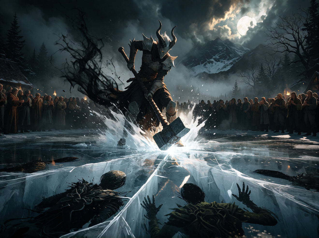 A breathtaking, highly detailed cinematic scene depicting the instant a devilish figure strikes a frozen lake with an enormous ancient hammer. At the 