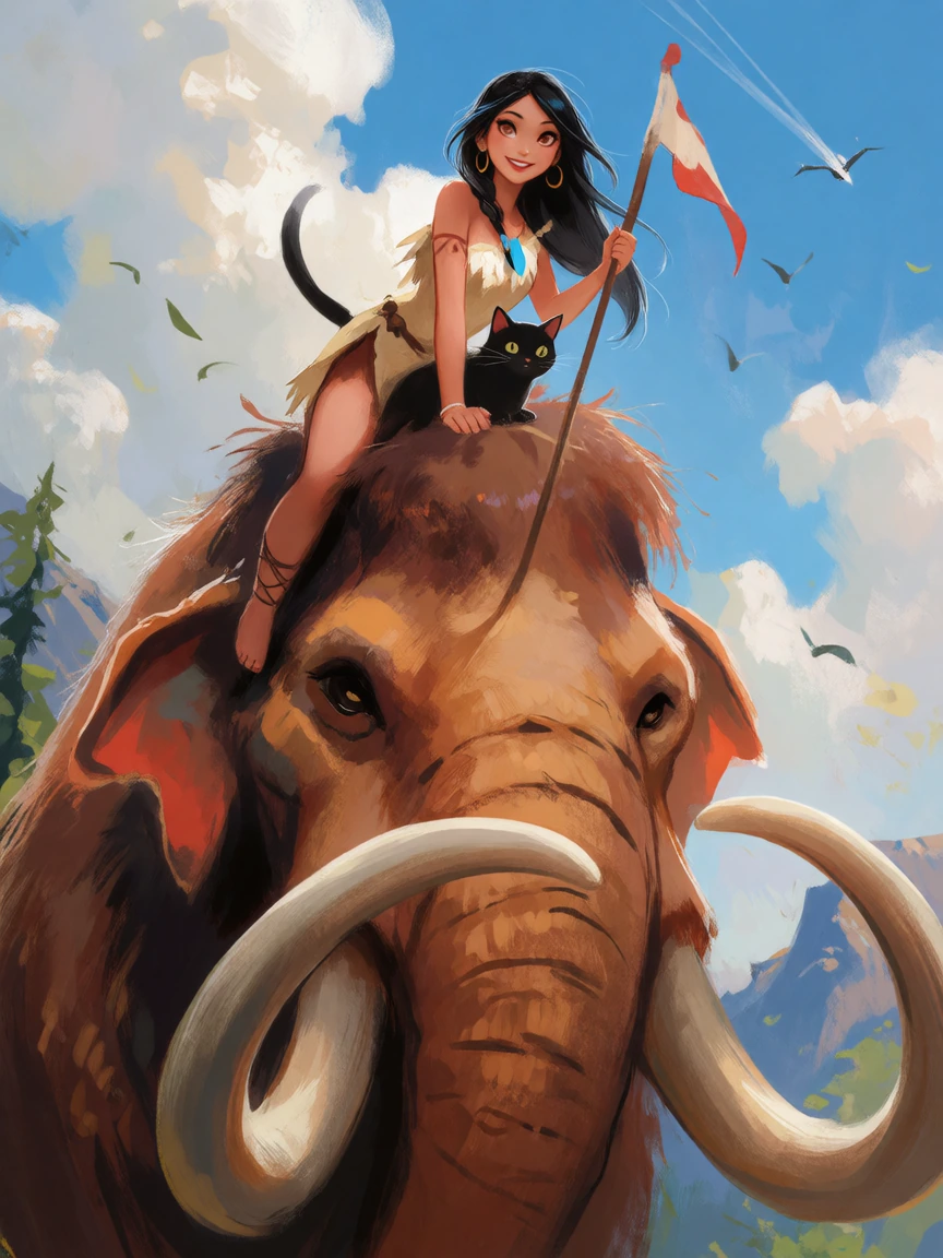 Beautiful woman and her cat riding on top of a huge woolly mammoth. She is dressed cave woman’s style.