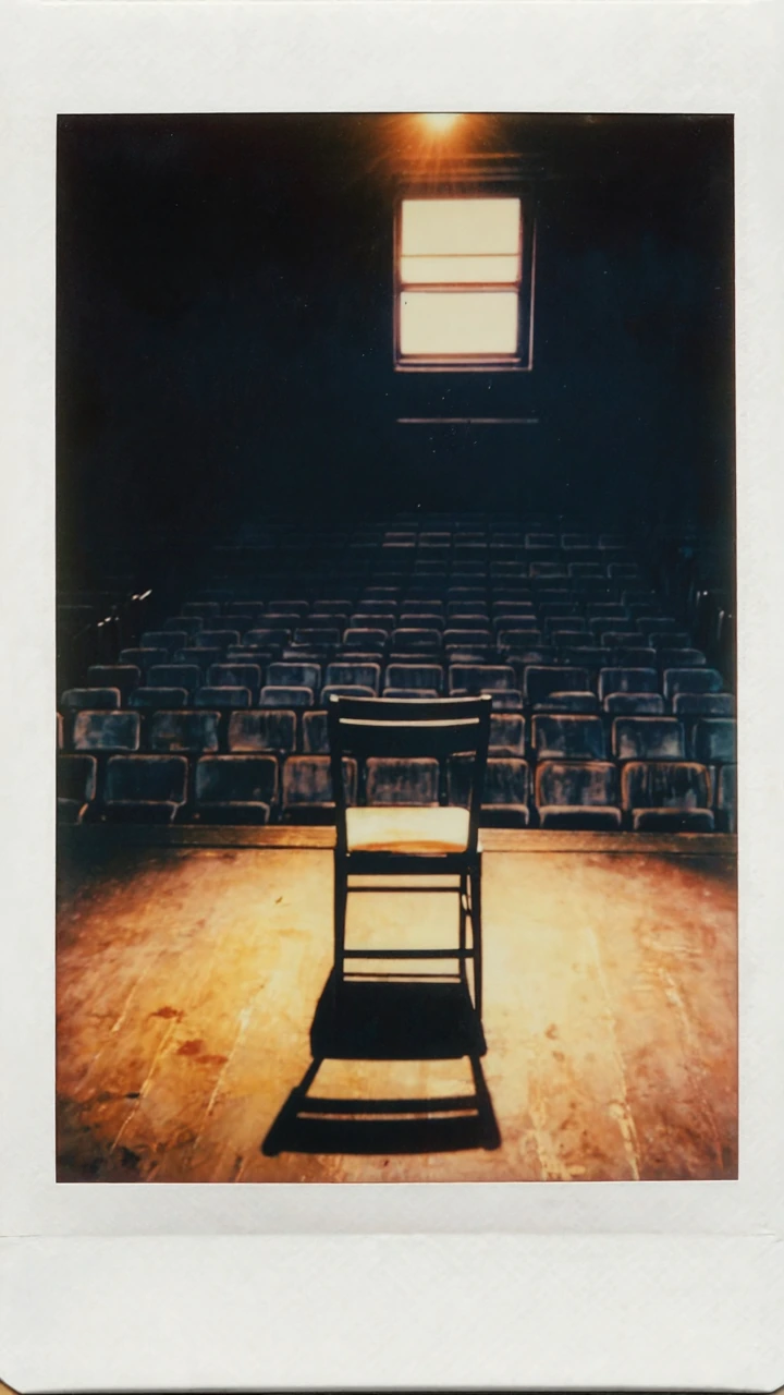 Polaroid-style photograph of an empty concert hall at dusk, dust motes suspended in amber-gold light from a single window, a single wooden chair center-stage casting a long shadow, faded velvet seats in the background dissolving into blue darkness, t