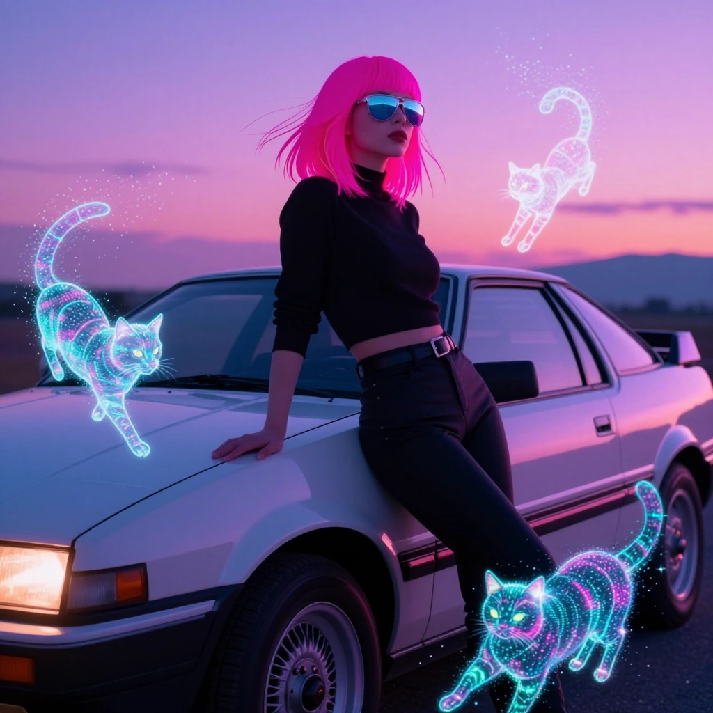A sleek cyberpunk anime woman with neon pink hair and chrome sunglasses leaning against a retro 1980s sports car with holographic cats swirling around her in glowing particles, synthwave lighting at dusk