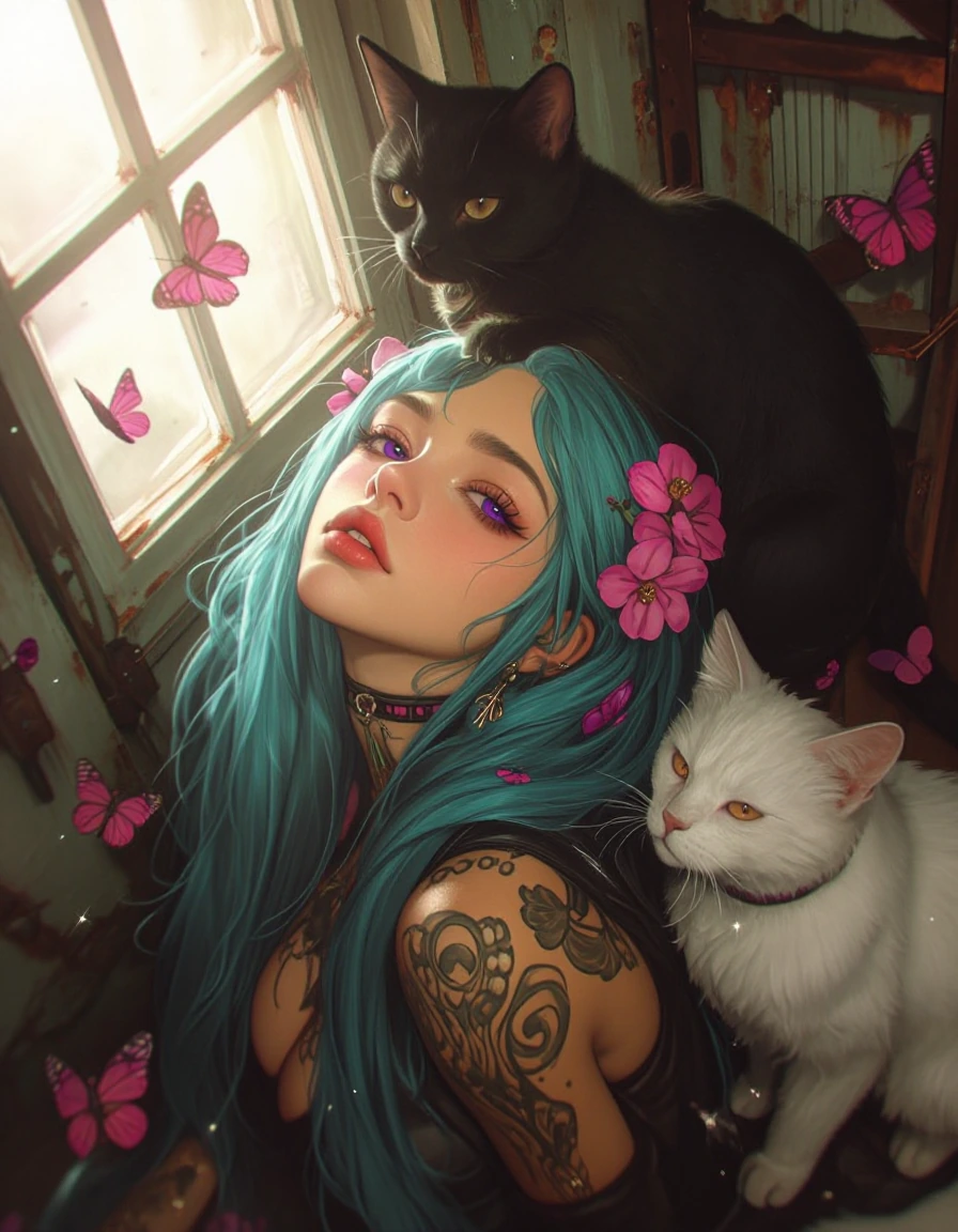 A striking illustration depicts a woman with flowing teal hair adorned with vibrant pink flowers, featuring purple eyes and warm brown skin. She wears