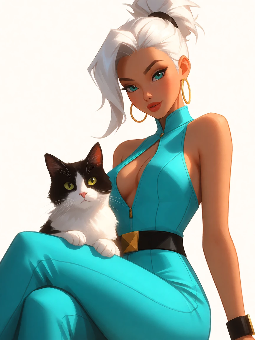 Woman white hair with a cat, aqua jumpsuit, Ross Tran style