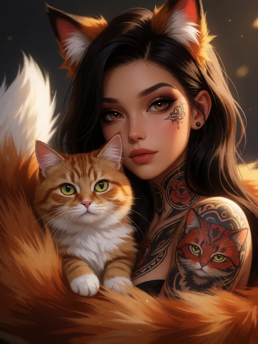 Beautiful woman with her cat, tattoos, fluffy fox tail, fox ears, daz3d,