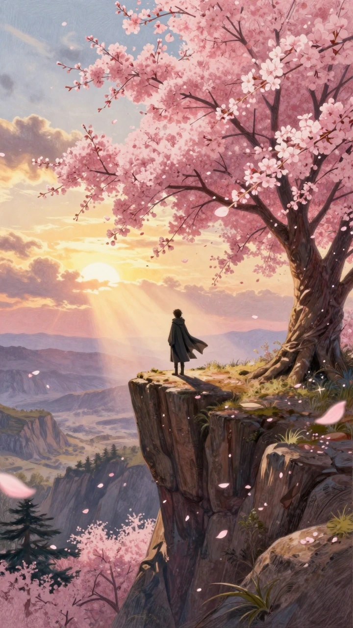 9:16 vertical cinematic fantasy, lone wanderer in dark traveling cloak standing on the edge of a high cliff covered in blooming pink cherry blossoms, 