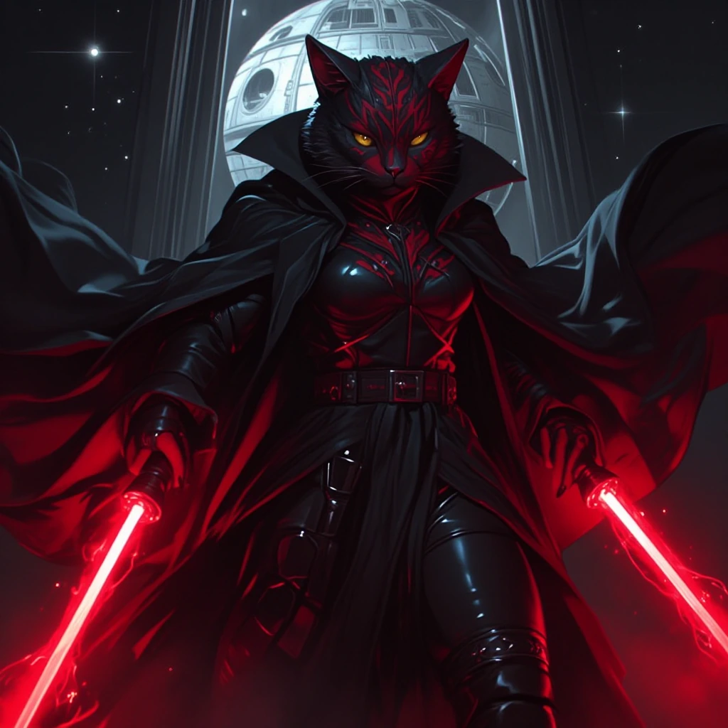 Anthropomorphic feline humanoid with striking feline features, wearing sleek black and crimson Sith robes, dual red lightsaber ignited with glowing plasma edges, dramatic horns painted in bold red and black tattoo patterns across muscular physique, i
