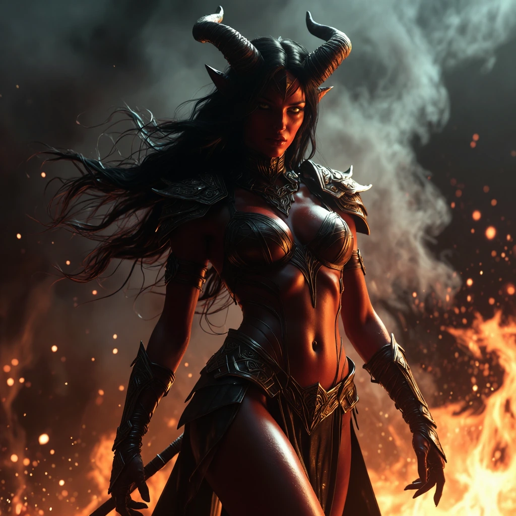 A fierce demonic warrior woman, stunningly beautiful with dark red skin, large curved horns, full lips and glowing sensual yellow eyes, intense expression with strong eye contact, long black tousled hair, ornate dark metallic armor emphasizing sleek