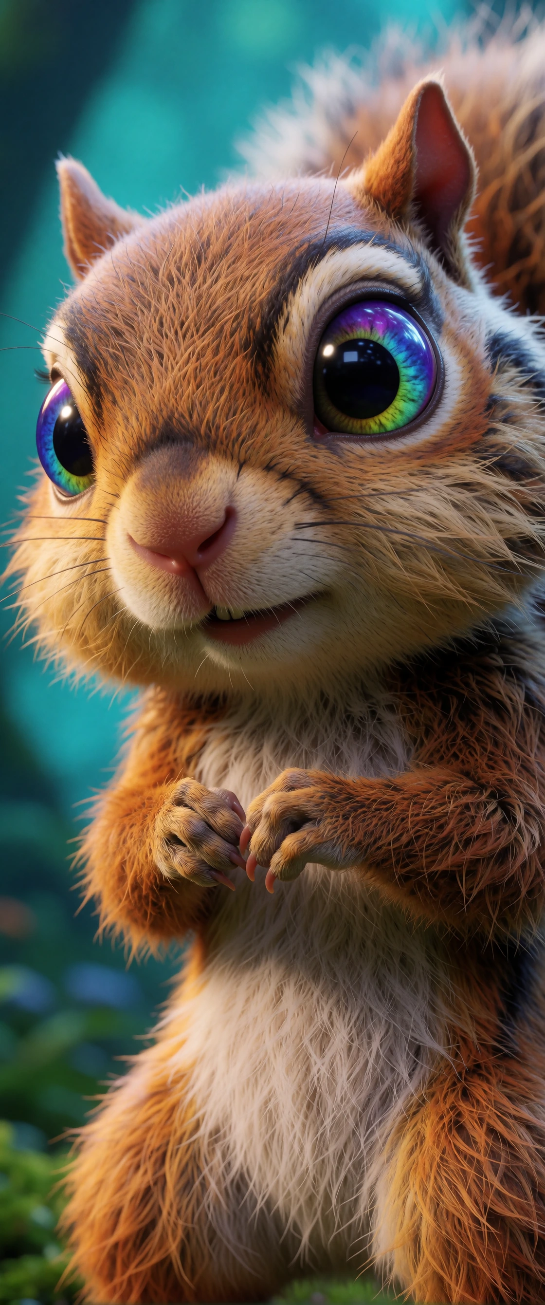 Create a 3D dynamic image of HeMan with a squirrel head. The squirrel's fur is fluffy and incredibly lifelike, as if it could pop off the screen. He stands on his hind legs in a dreamlike forest, with his tiny paws held close to his chest, capturing