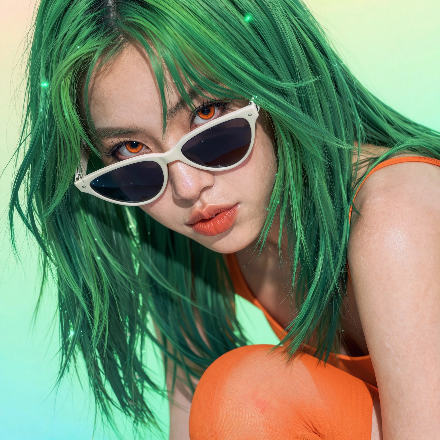 best quality, CGI, HDR, from, perspective, sexy beautiful gorgeous incredible briliiant bright vivid depth 1woman, bare arms, portrait, green hair, AI pendant, kamina shades, long hair, orange thighhighs, skirt, orange eyes, pout, solo, thighhighs, t