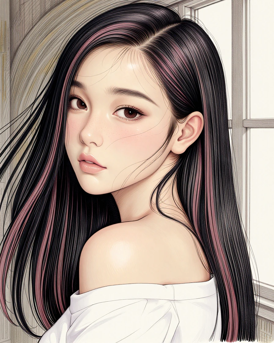 Ultra-detailed colored pencil portrait of a beautiful young adult Japanese woman in her early 20s, long straight black hair with soft pink highlights, gentle side profile, one sparkling warm dark brown eye as focal point, mature delicate features, de