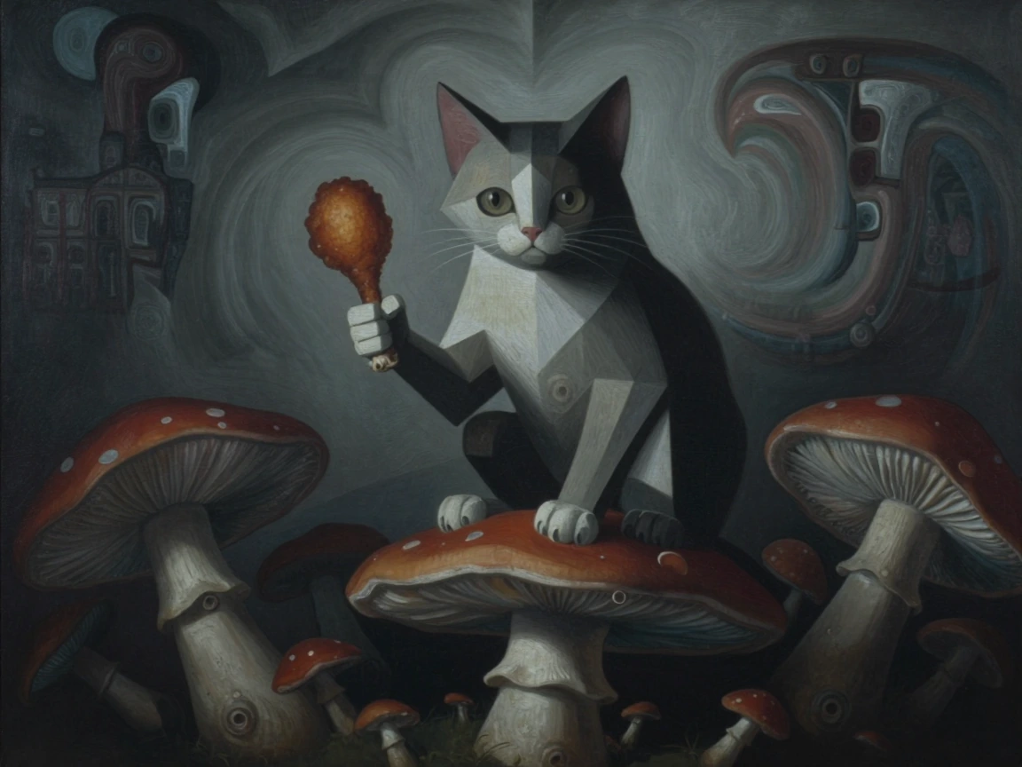 Abstract image of a monstrous cat extremely misshapen with asymmetric geometry, muted color palette, hauntingly disturbing eyes, sitting on a large to