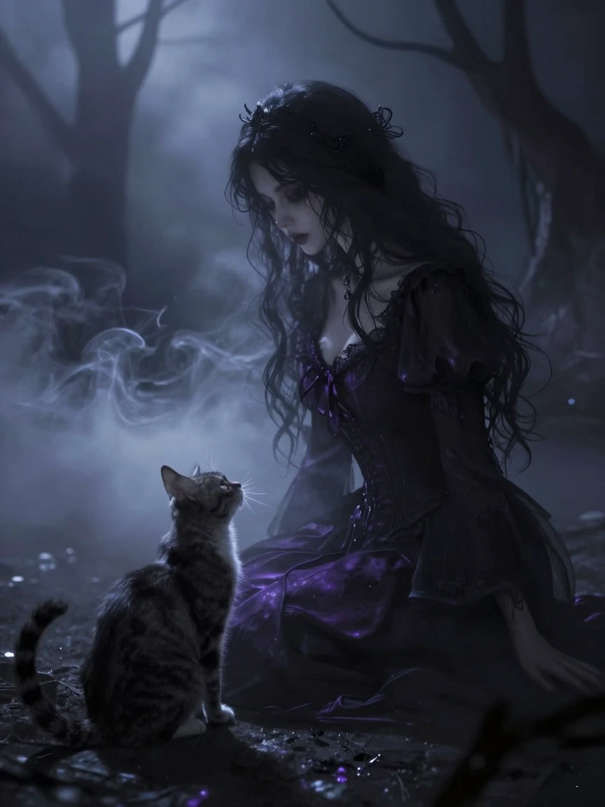 A woman and a cat in a gothic atmosphere, digital art style, moody and mysterious background shrouded in fog and smoke, dark romantic lighting, ethereal wisps of mist swirling around them, mysterious shadows, haunting beauty, cinematic depth, cool to