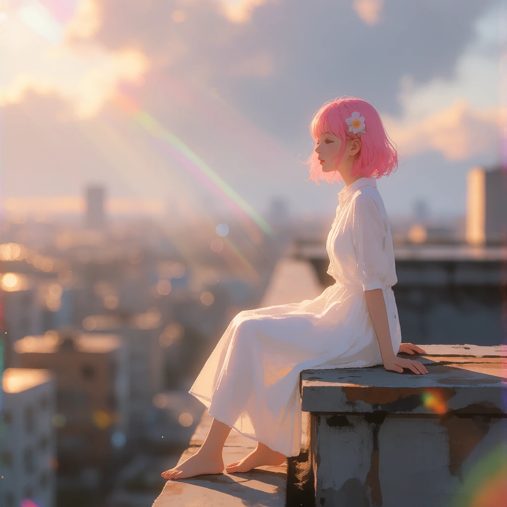 woman with short pink hair and a flower ornament, sitting barefoot in profile on a rooftop ledge at golden hour, white dress catching the warm light, cityscape and clouds dissolving into soft focus behind her. Tyndall effect—dust and light particles 