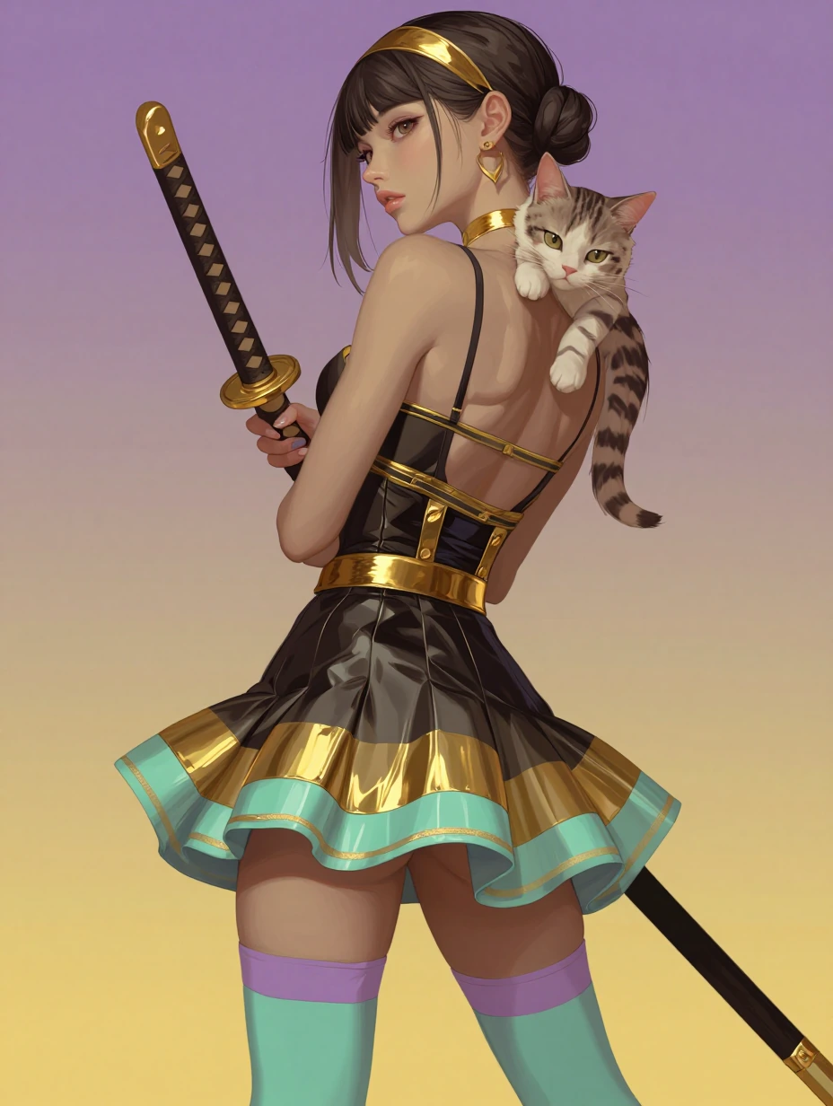 Woman with katana and with a cat on her shoulder, ultra detailed, gold, mauve turquoise, black, gold, ombre, miniskirt, thigh highs, lavender aqua yellow ombre background