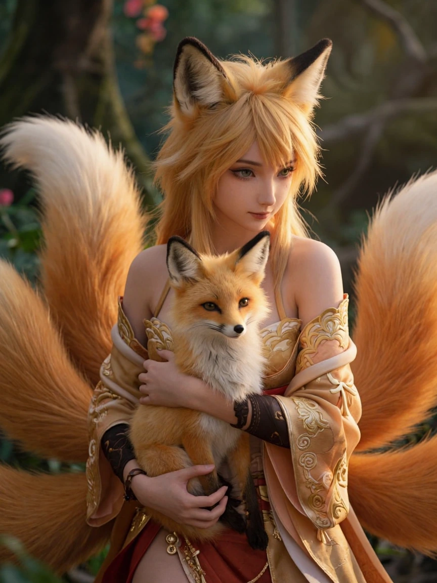 A beautiful kitsune fox girl in a close-up portrait, holding a small fox in her arms. Her multiple fox tails are elegantly wrapped and draped around her body in an ornate, fancy arrangement, flowing gracefully. Anime-inspired features blended with ph