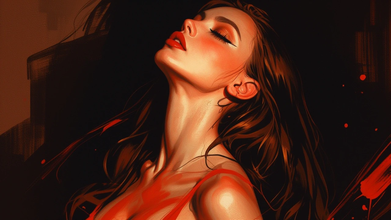 Vertical cinematic portrait of a woman in three-quarter view, head tilted back and eyes closed, elegant long neck emphasized; high-contrast, moody chi