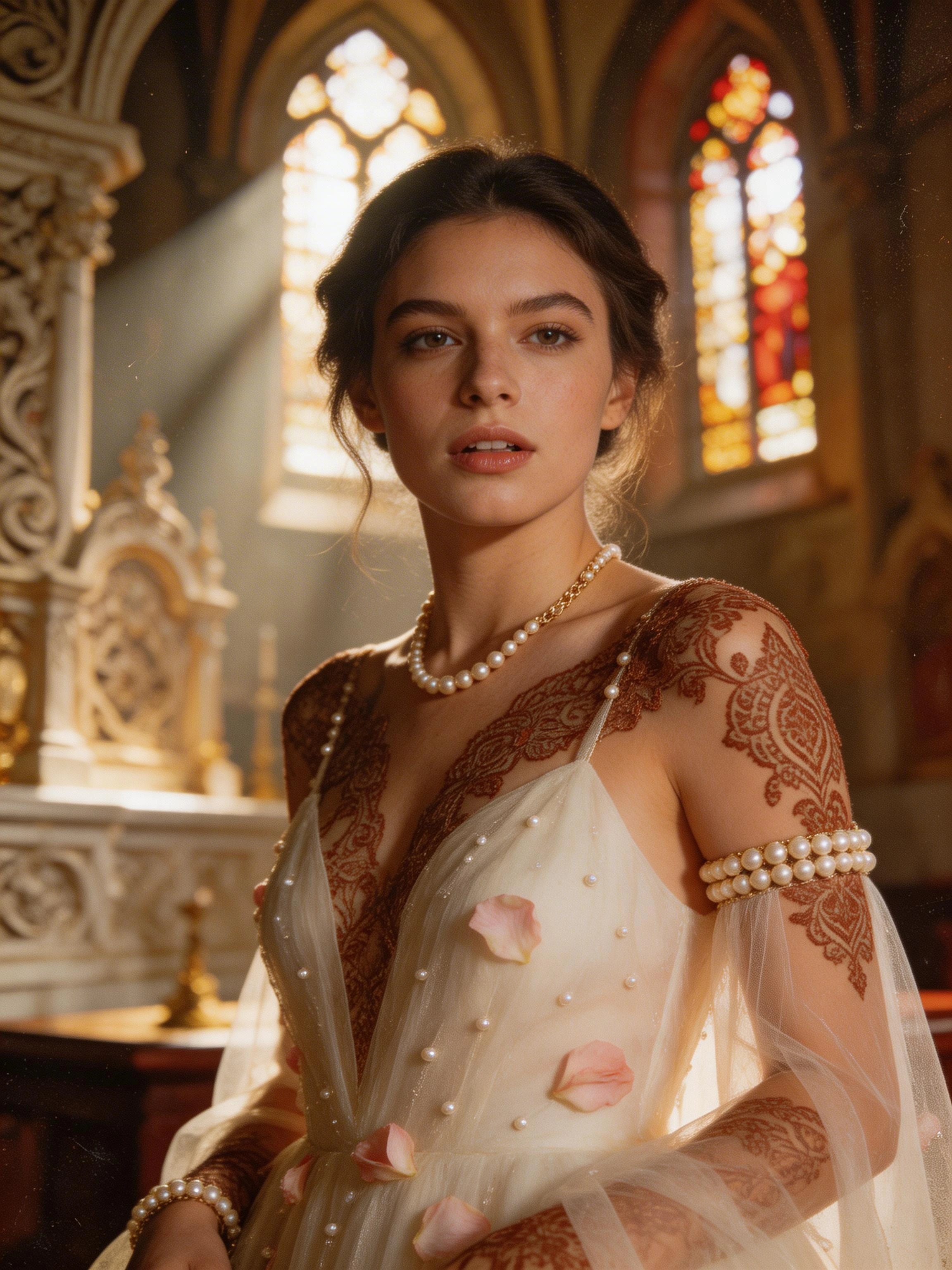 Sony A7R V, 85mm f/1.2 Zeiss Otus, shallow depth of field f/1.4, vertical composition, bride at ornate baroque altar, graceful curved posture, intense