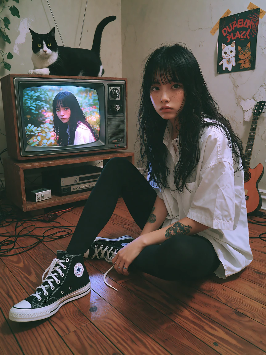 Woman long black hair with bangs. Oversized shirt and leggings, converse, with a cat watching tv, photo