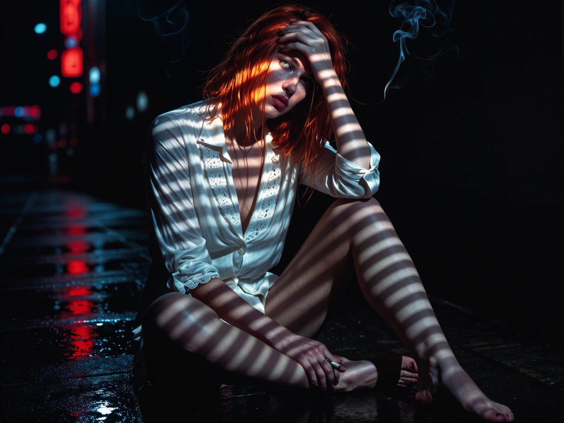 film noir femme fatale sitting cross-legged on rain-dampened concrete floor, ginger hair tousled and falling loose, pale skin luminous against deep sh