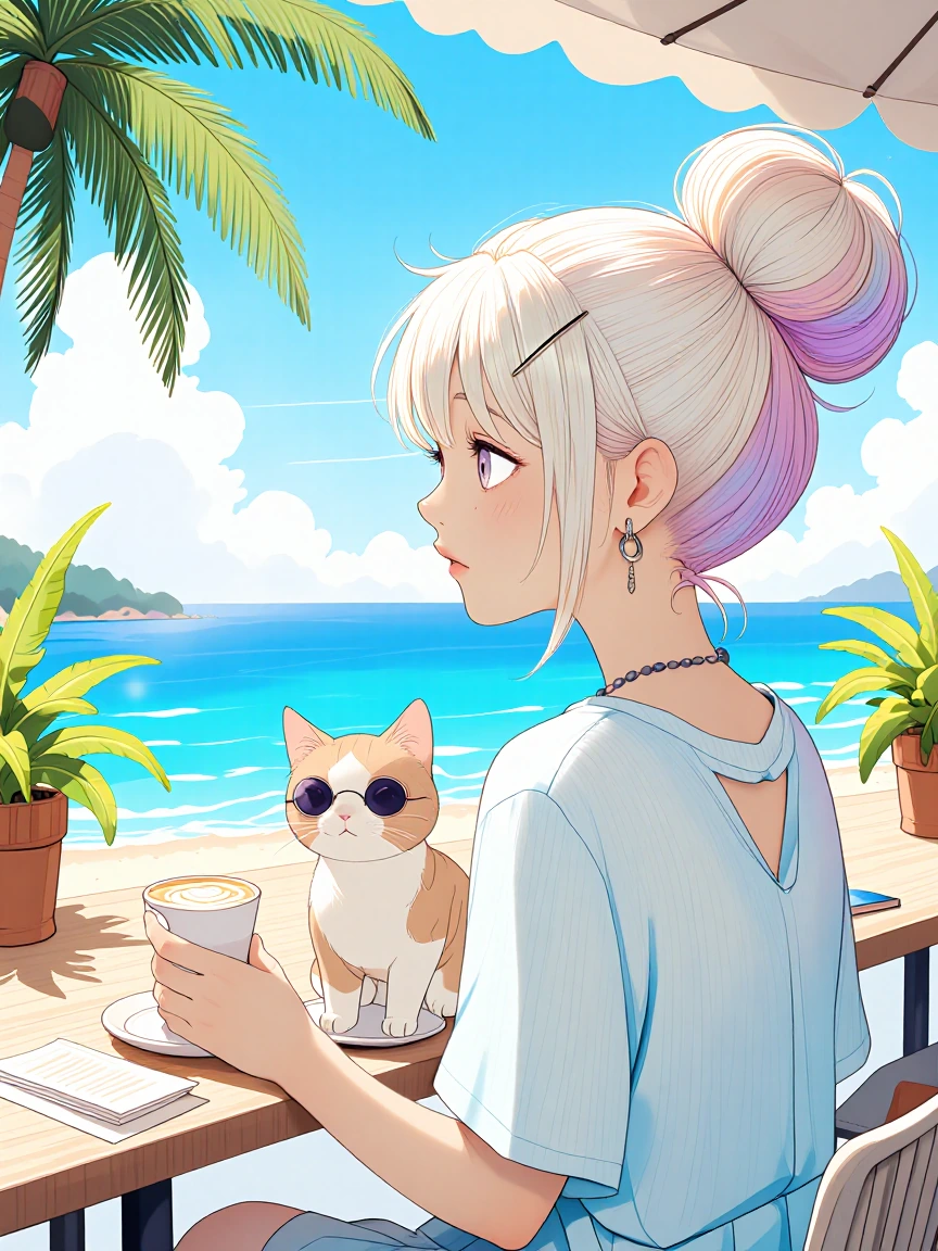 Woman, weirdcore, platinum pastel space bun hair, with a cat, having coffee in the morning at a seaside cafe , tropical, bright water