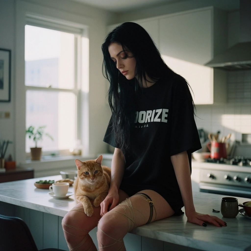 goth chick long black straight hair oversized MIRRORIZE t shirt black shorts underwear sitting on kitcehn table with armed wrapped around knees with cute orange cat and coffee in a modern NYC style apartment sunshine through window bright morning, th