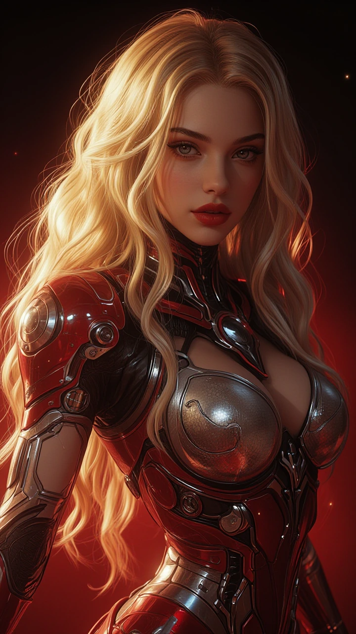 a highly detailed, digital painting depicting a young woman with a futuristic, sci-fi theme, she has fair skin and long, wavy blonde hair that cascades over her shoulders, her facial features are delicate, with large, almond-shaped eyes and full, red