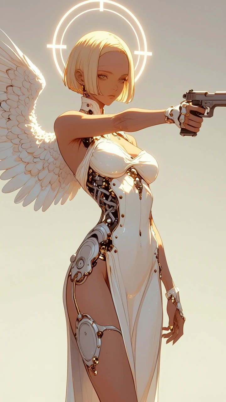 a highly detailed digital illustration in a futuristic, sci-fi style, the subject is a young woman with pale skin and short, blonde hair. She has a slender, athletic build with prominent breasts and a toned, athletic body. She is wearing a form-fitti