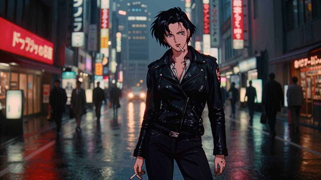 Cinematic framed keyframe with a bold, unorthodox, and highly visual hybrid style. The main subject is rendered in classic 90s anime style with imperfect bold thick lines, strong cel-shading, and expressive hand-drawn texture, while the entire enviro