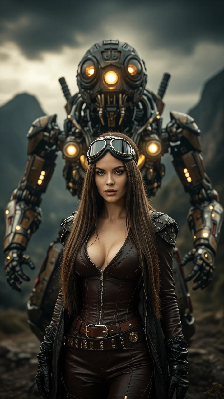 a portrait of a woman in a dark brown leather jumpsuit and black aviator goggles. her long, straight, dark brown hair cascades around her shoulders. she wears black gloves. behind her, a massive, elaborate mechanical insectoid contraption with glowin
