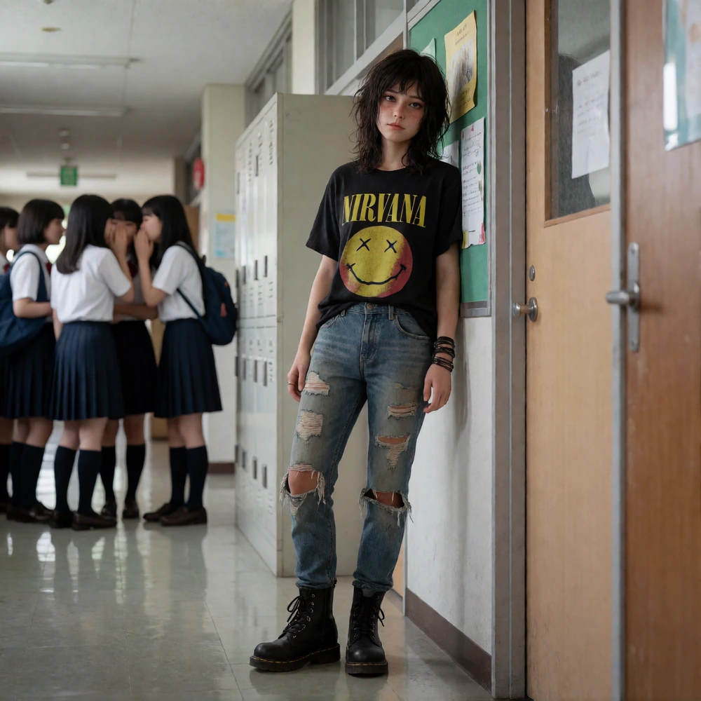 photorealistic everyday scene, young busty woman Guin in grunge style (ripped jeans, black t-shirt with NIRVANA-print, heavy boots, messy hair) standing alone in a school hallway, relaxed but slightly closed-off posture, subtle expression of quiet re