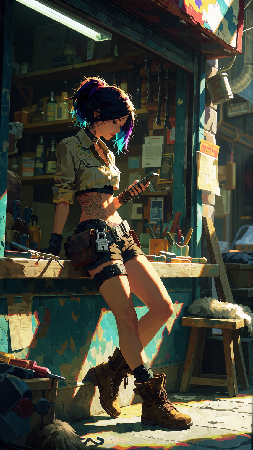 Rory leans against the closed shop’s front counter under warm late-afternoon light, long dark hair with purple and teal streaks half-loose and slightly damp from the day’s work. Heterochromia eyes (one purple, one teal) half-lidded as she looks down