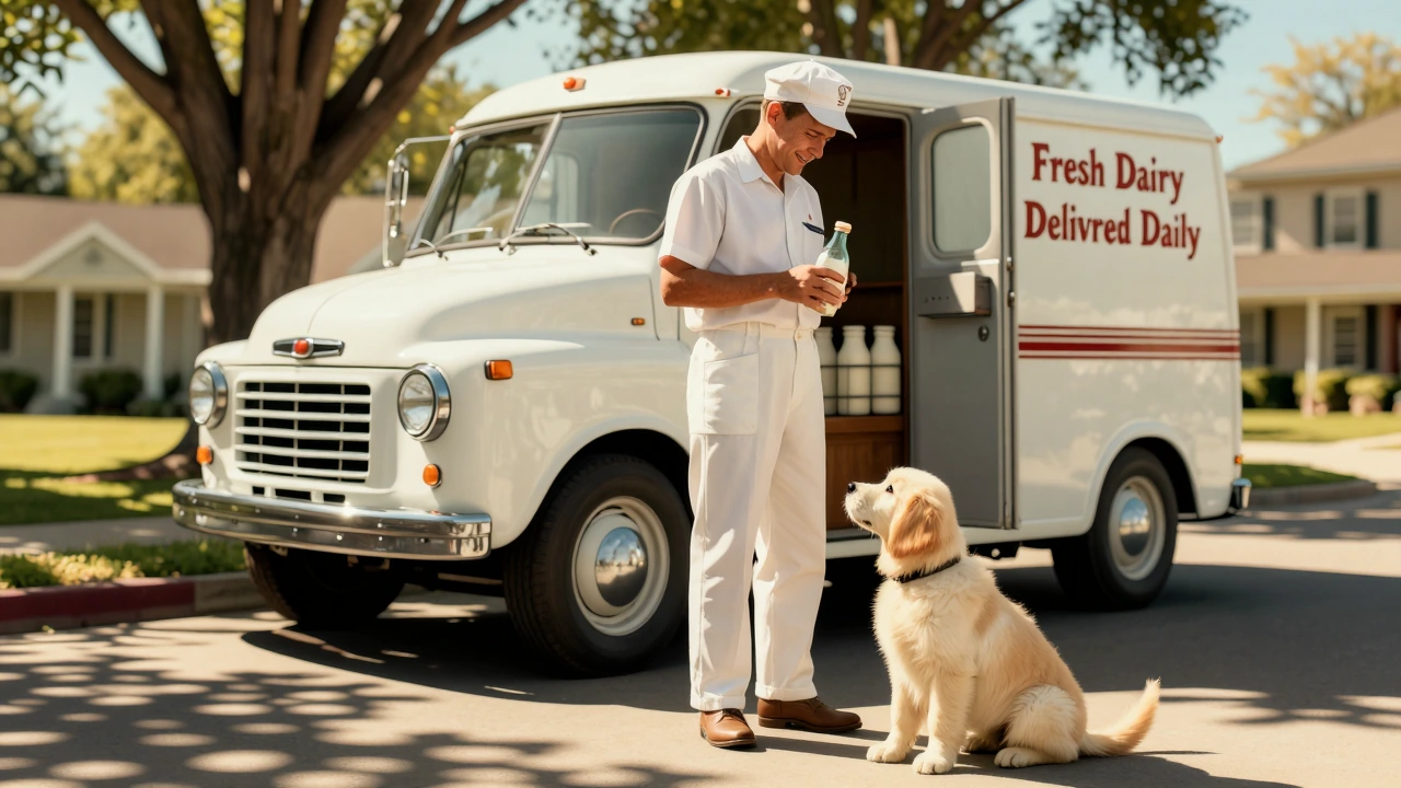 Render a cheerful 1950s milkman standing proudly beside his gleaming white milk delivery truck on a sun-drenched suburban street, wearing a crisp whit