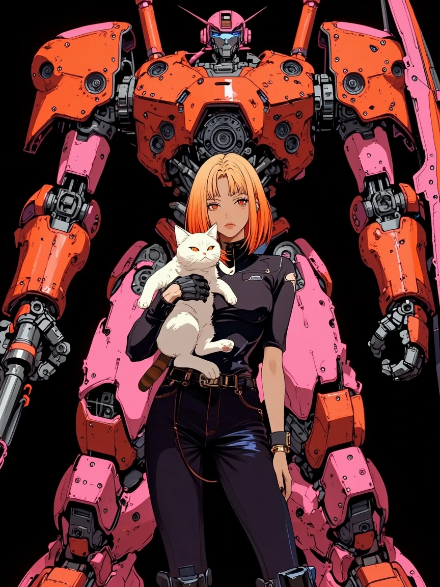 beautiful woman orangeombre hair, with a cat, standing in front of a large orange pink mech, acid-washed metal