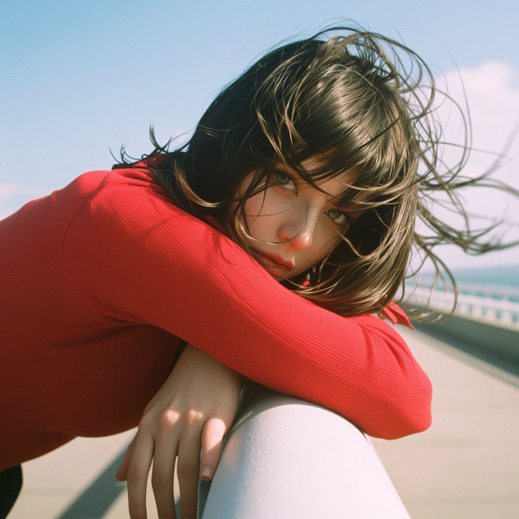 Create a portrait of a young woman leaning over a white railing, gazing intensely at the viewer. She is wearing a vibrant red ribbed long-sleeved shir