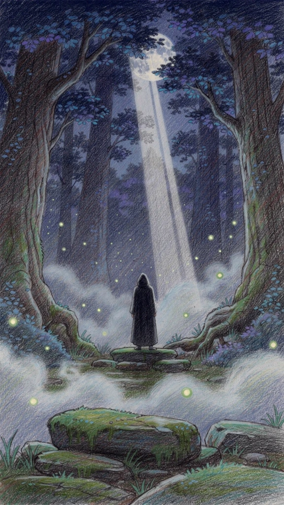 Lone figure in dark cloak standing on moss-covered stones in an ancient forest at night, lit by bioluminescent trees glowing soft blue and purple, fireflies drifting through thick mist, moonlight breaking through canopy in volumetric rays, colored pe