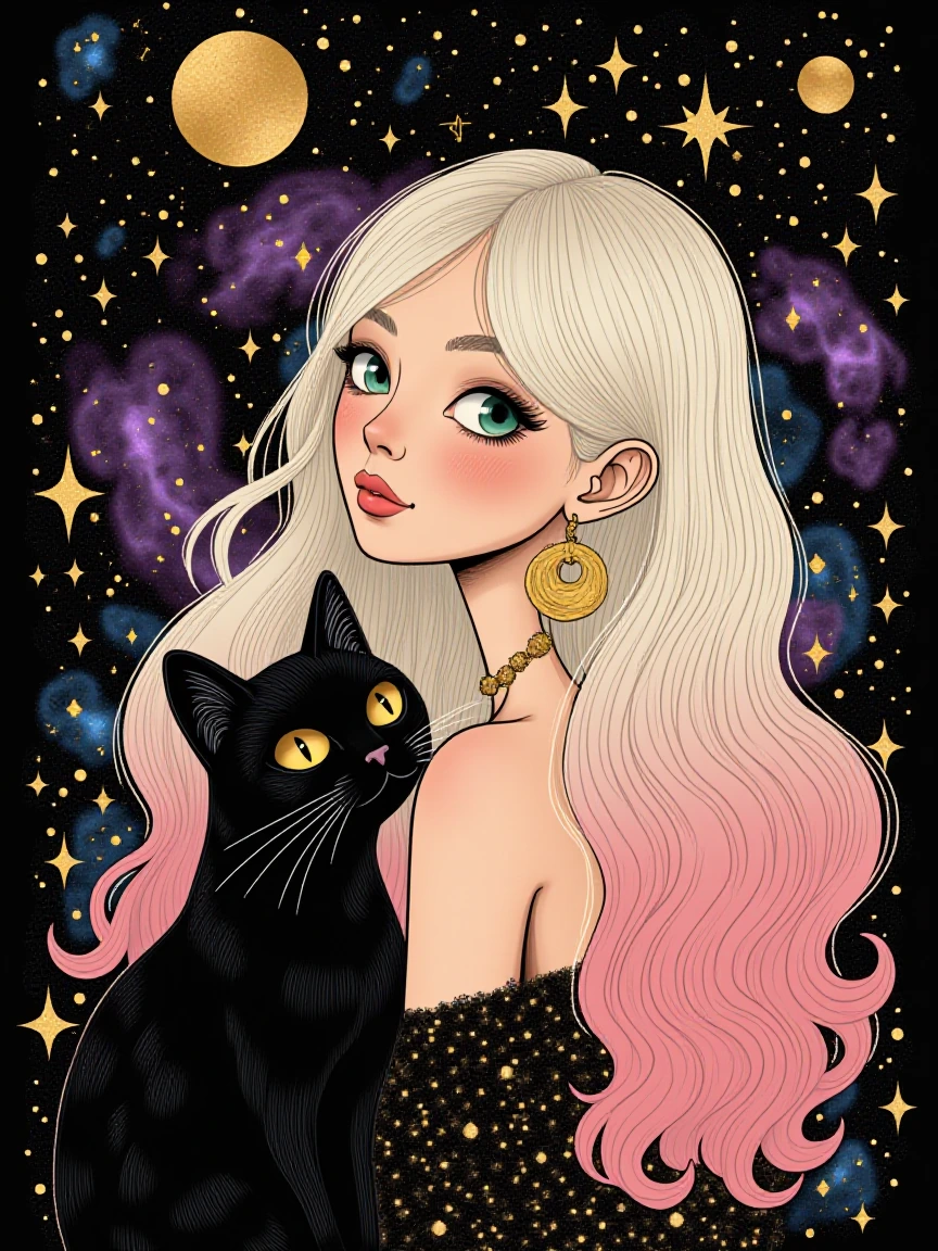 illustration of a woman with long white hair fading to soft pink at the tips, looking over her shoulder with a gentle, contemplative expression. a sleek black cat nestled against her shoulder with golden eyes. background is a beautiful illustrated de