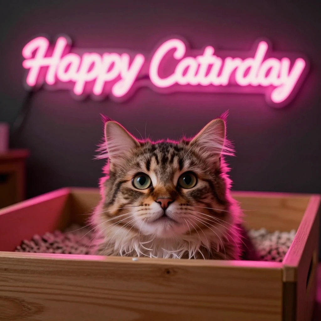 A fluffy tabby cat with wide curious eyes poking its head up from a wooden litter box, captured in warm overhead lighting that catches the texture of fresh litter. Above, a glowing neon sign reads "Happy Caturday" in hot pink script with a soft halo