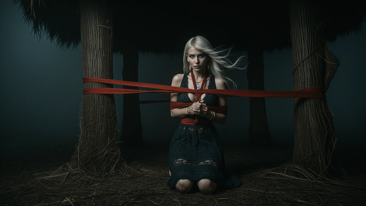 Deep in a coconut grove, a secret hut. She binds him with red ribbons—cruel kindness, gold-wound grace. Dramatic lighting, sharp focus, both well-lit. She: platinum windswept hair, icy blue eyes, charcoal lace dress, blue pendant. He: kneeling, bound