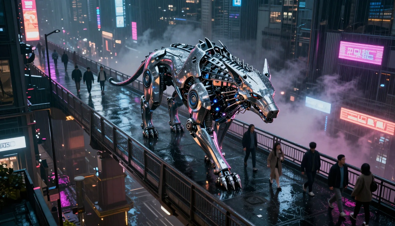 Top view of A majestic cybernetic cromium animal walking through a rain-soaked cyberpunk bridge above people walking underneath, in a city at night, n