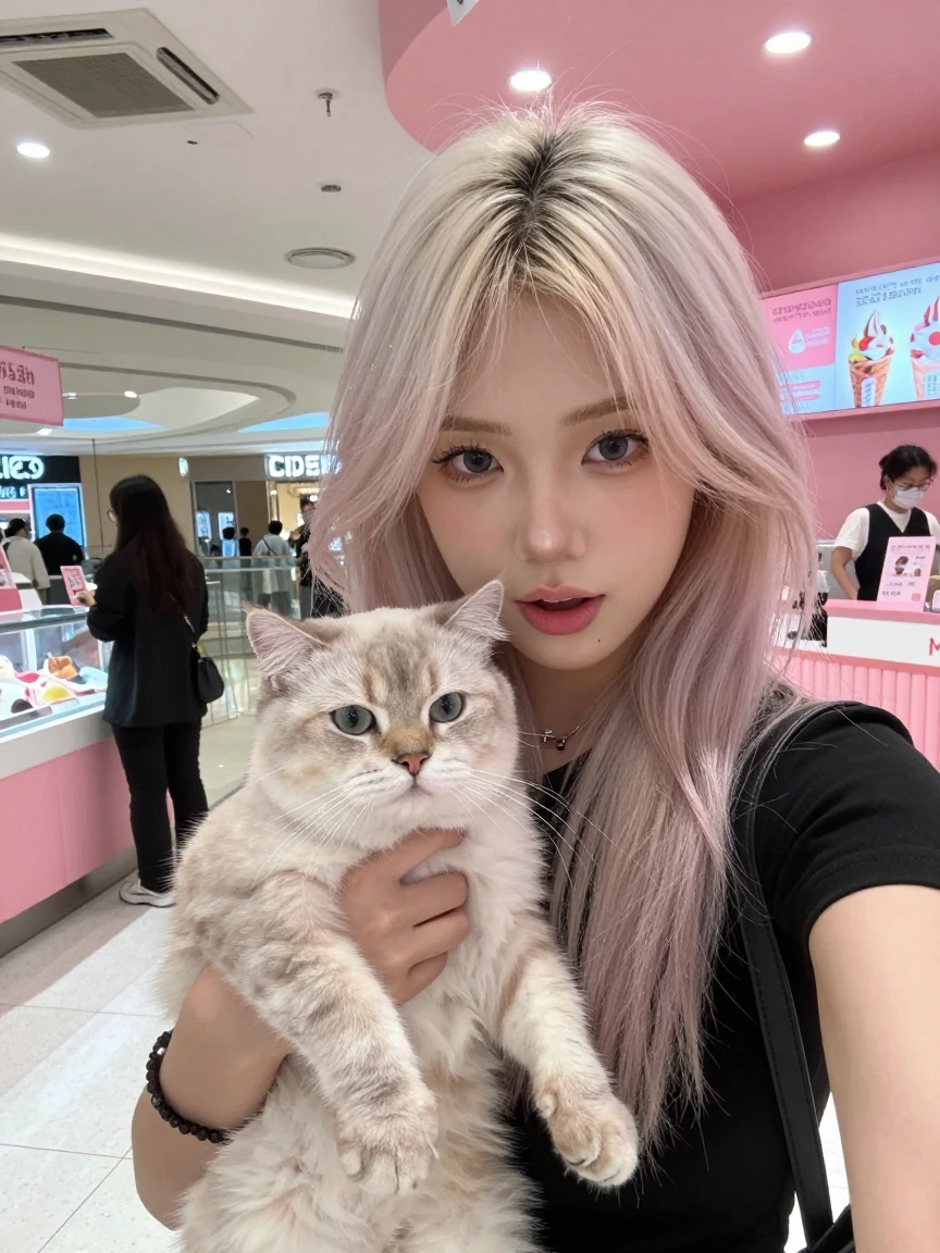 Crazy girlfriend, platinum pastel hair, taking a selfie with her cat at the mall ice cream store