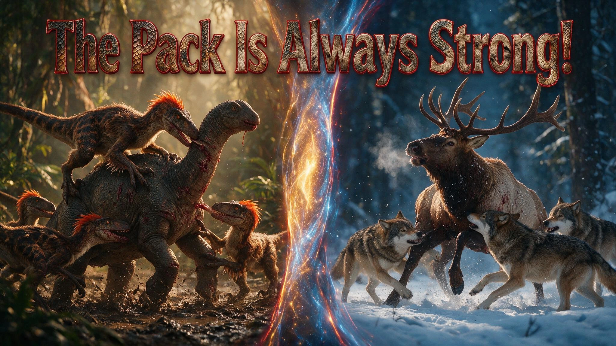 Raptor Pack; Written in text that looks like a mixture of dinosaur scales and wolf fur edged in crimson, the Title is "The Pack Is Always Strong!" Velociraptor Pack hunt using clever tactics to pull down a small sauropod dinosaur. A Narrow vortex sep