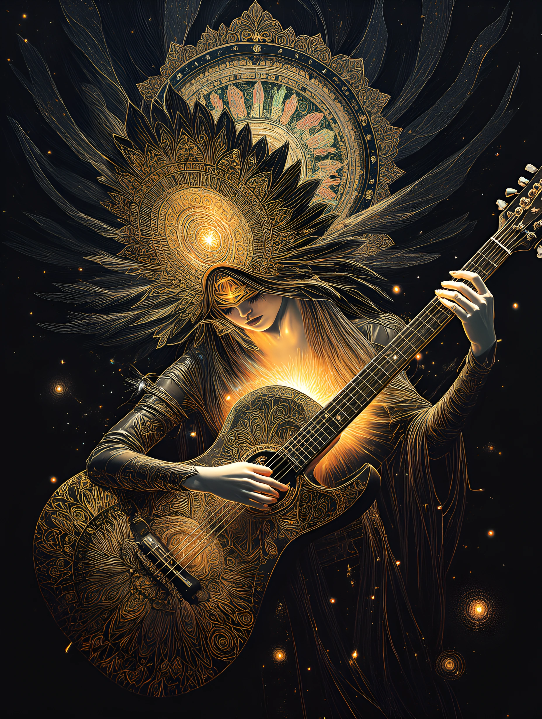 A hauntingly beautiful woman with pale skin and closed eyes, serene expression, long flowing hair dissolving into intricate golden and black ornamental patterns, arabesque filigree, mandala-like designs, baroque flourishes, swirling lace and geometri